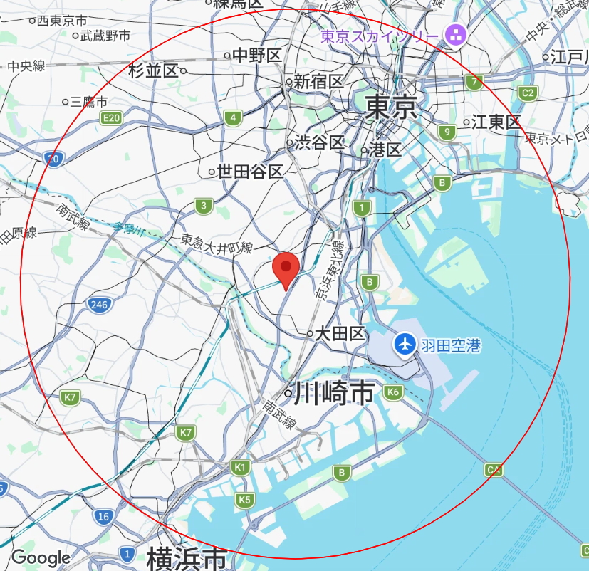 訪問エリア 池上ホームクリニックを基点に半径16キロ